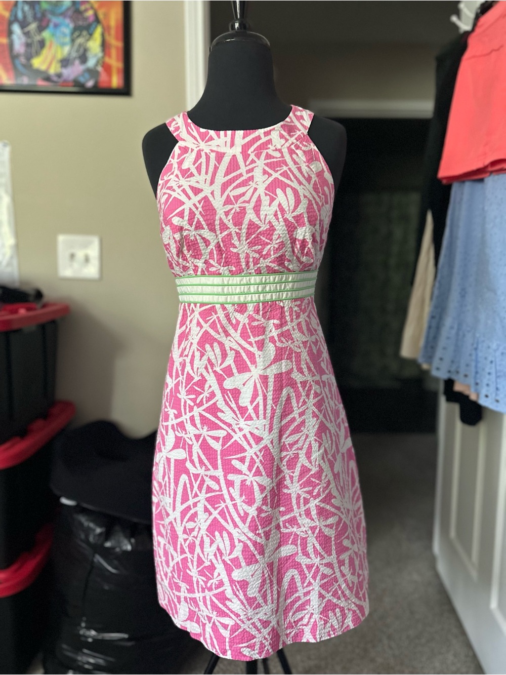 Lilly Pulitzer Pink and White Sleeveless A-Line Dress with Green Waistband